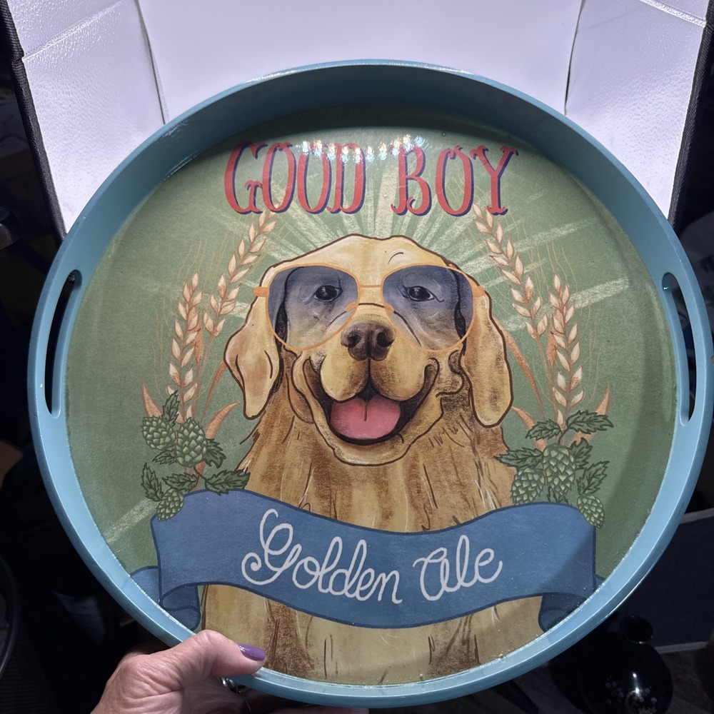 Pier 1 Imports Retriever Labrador Dog Good Boy Golden Ale Round Tray 15" Beer